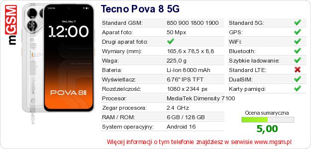 Dane telefonu Tecno Pova 8 5G Dane telefonu Tecno Pova 8 5G