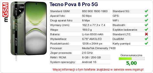 Dane telefonu Tecno Pova 8 Pro 5G Dane telefonu Tecno Pova 8 Pro 5G