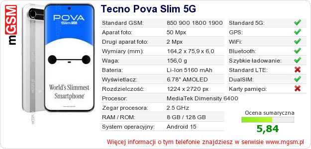Dane telefonu Tecno Pova Slim 5G Dane telefonu Tecno Pova Slim 5G