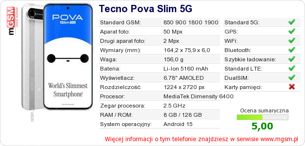 Dane telefonu Tecno Pova Slim 5G