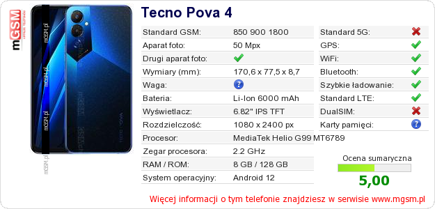 Dane telefonu Tecno Pova 4