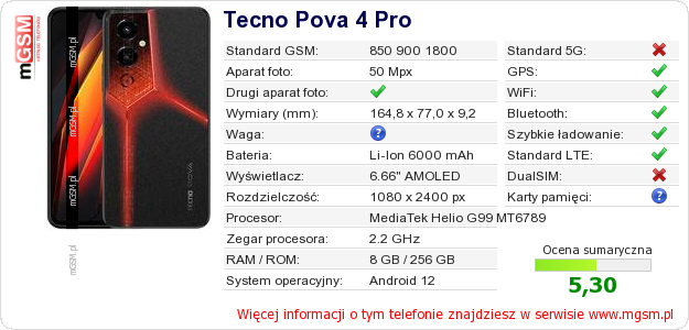Dane telefonu Tecno Pova 4 Pro Dane telefonu Tecno Pova 4 Pro