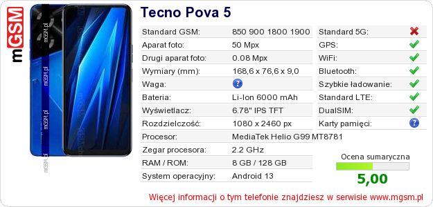 Dane telefonu Tecno Pova 5 Dane telefonu Tecno Pova 5