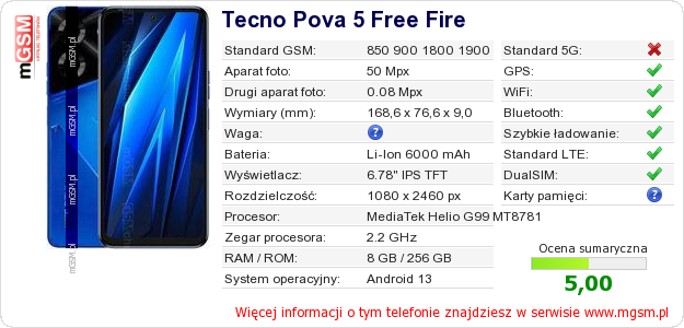 Dane telefonu Tecno Pova 5 Free Fire Dane telefonu Tecno Pova 5 Free Fire