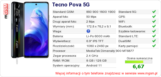 Dane telefonu Tecno Pova 5G