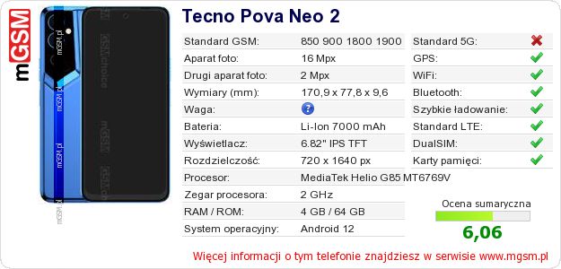 Dane telefonu Tecno Pova Neo 2 Dane telefonu Tecno Pova Neo 2