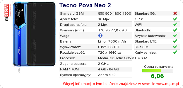 Dane telefonu Tecno Pova Neo 2