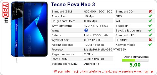 Dane telefonu Tecno Pova Neo 3 Dane telefonu Tecno Pova Neo 3