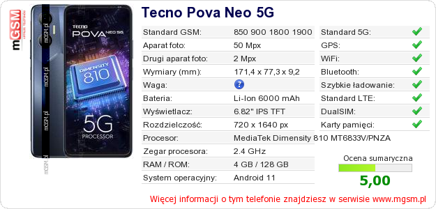 Dane telefonu Tecno Pova Neo 5G