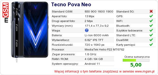 Dane telefonu Tecno Pova Neo Dane telefonu Tecno Pova Neo