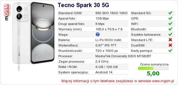 Dane telefonu Tecno Spark 30 5G