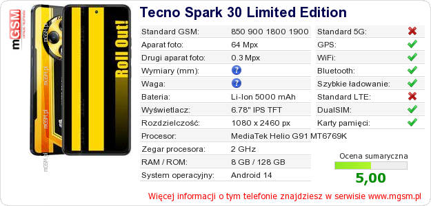 Dane telefonu Tecno Spark 30 Limited Edition