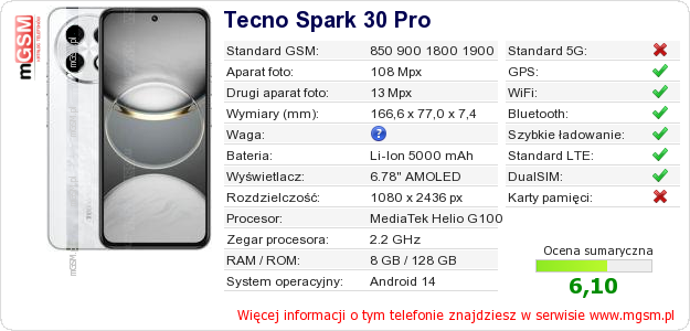 Dane telefonu Tecno Spark 30 Pro