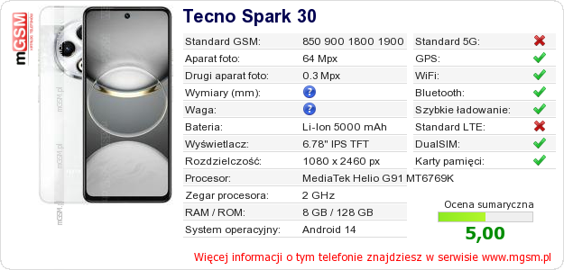 Dane telefonu Tecno Spark 30