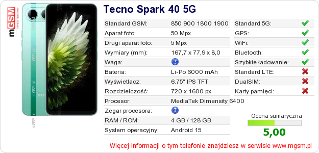 Dane telefonu Tecno Spark 40 5G