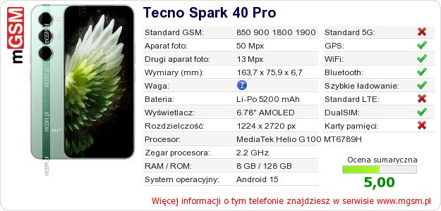 Dane telefonu Tecno Spark 40 Pro Dane telefonu Tecno Spark 40 Pro