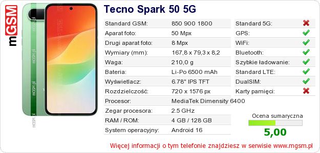 Dane telefonu Tecno Spark 50 5G