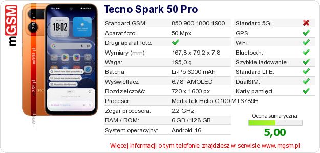 Dane telefonu Tecno Spark 50 Pro Dane telefonu Tecno Spark 50 Pro