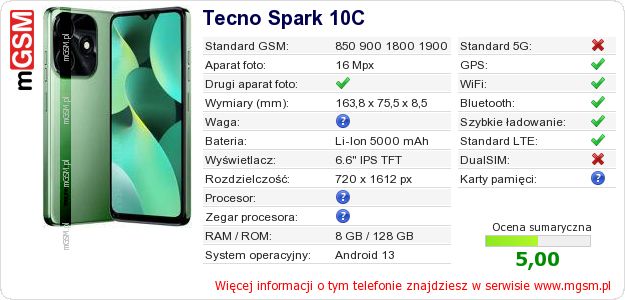 Dane telefonu Tecno Spark 10C Dane telefonu Tecno Spark 10C
