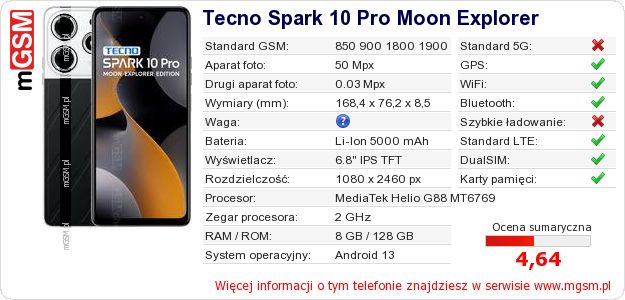 Dane telefonu Tecno Spark 10 Pro Moon Explorer