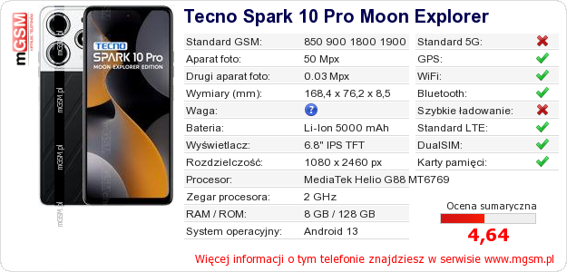 Dane telefonu Tecno Spark 10 Pro Moon Explorer Dane telefonu Tecno Spark 10 Pro Moon Explorer