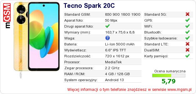 Dane telefonu Tecno Spark 20C