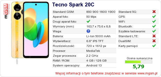 Dane telefonu Tecno Spark 20C