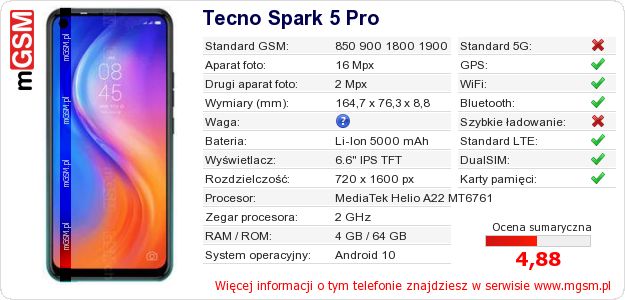 Dane telefonu Tecno Spark 5 Pro