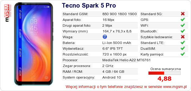 Dane telefonu Tecno Spark 5 Pro Dane telefonu Tecno Spark 5 Pro