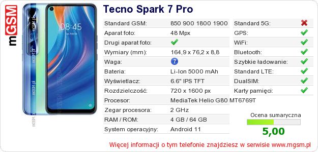 Dane telefonu Tecno Spark 7 Pro