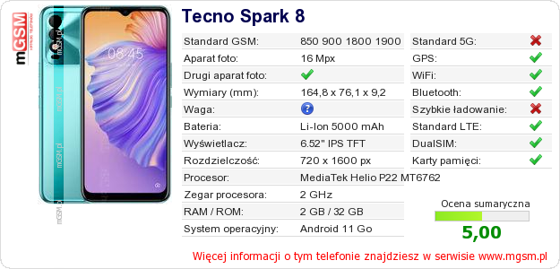 Dane telefonu Tecno Spark 8