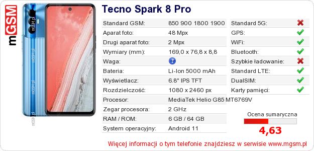 Dane telefonu Tecno Spark 8 Pro
