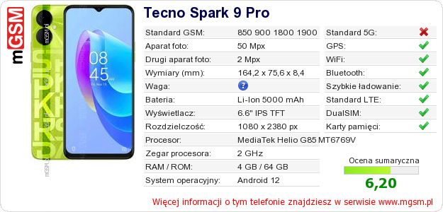 Dane telefonu Tecno Spark 9 Pro Dane telefonu Tecno Spark 9 Pro