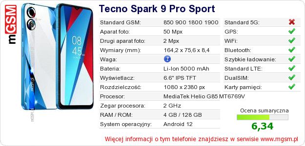 Dane telefonu Tecno Spark 9 Pro Sport