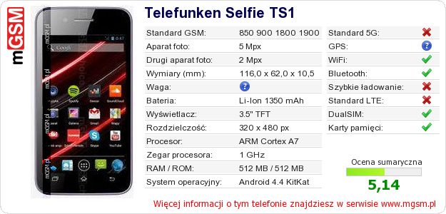 Dane telefonu Telefunken Selfie TS1 Dane telefonu Telefunken Selfie TS1