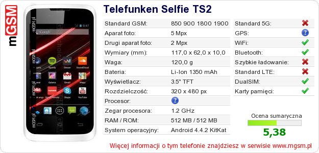 Dane telefonu Telefunken Selfie TS2