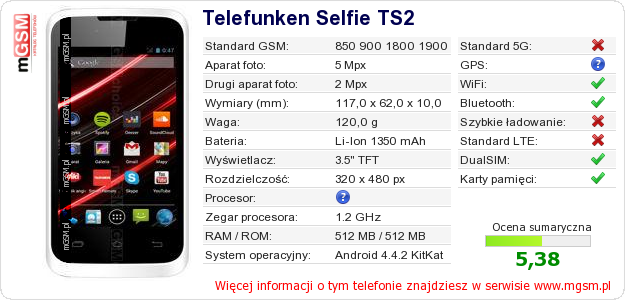 Dane telefonu Telefunken Selfie TS2