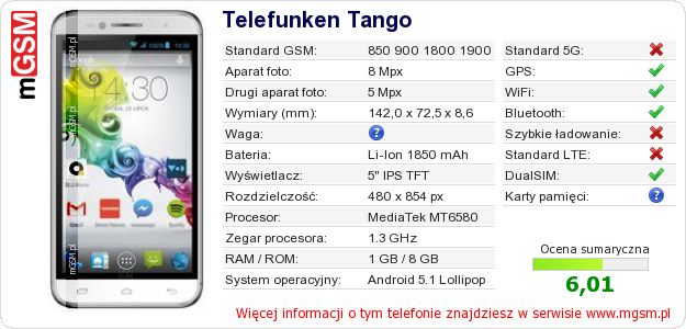 Dane telefonu Telefunken Tango