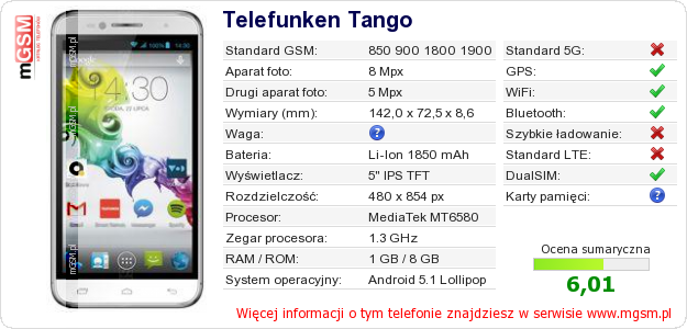 Dane telefonu Telefunken Tango
