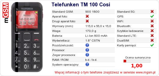 Dane telefonu Telefunken TM 100 Cosi Dane telefonu Telefunken TM 100 Cosi