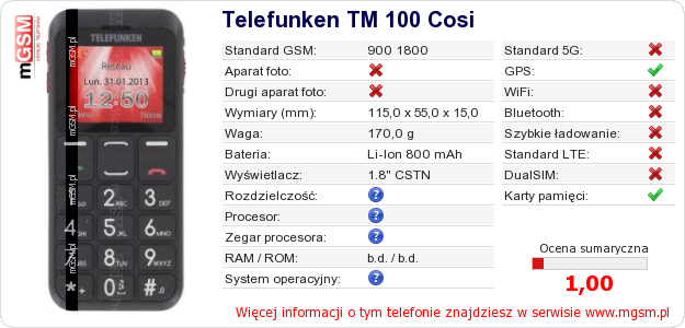 Dane telefonu Telefunken TM 100 Cosi