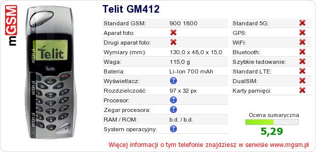 Dane telefonu Telit GM412 Dane telefonu Telit GM412