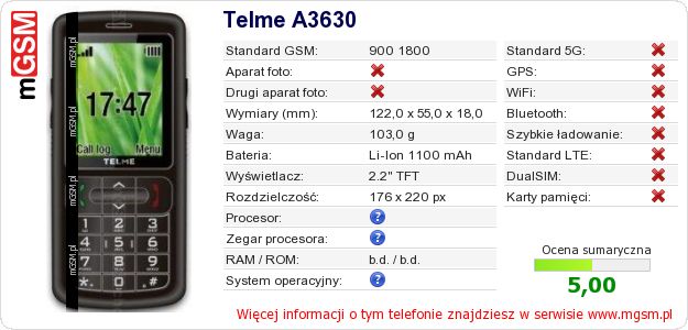 Dane telefonu Telme A3630