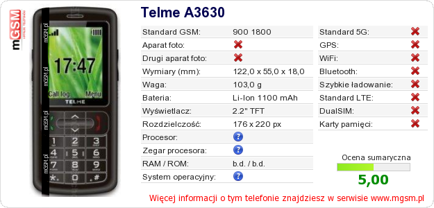 Dane telefonu Telme A3630