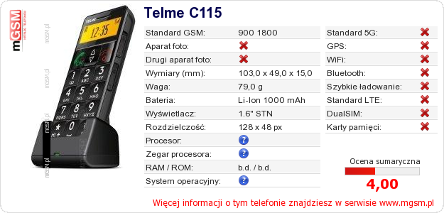 Dane telefonu Telme C115 Dane telefonu Telme C115