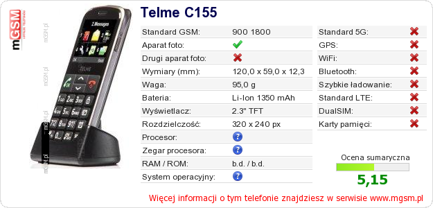 Dane telefonu Telme C155
