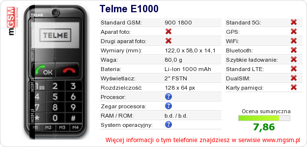 Dane telefonu Telme E1000 Dane telefonu Telme E1000