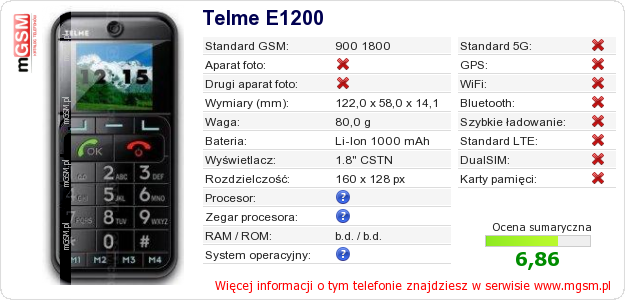 Dane telefonu Telme E1200 Dane telefonu Telme E1200