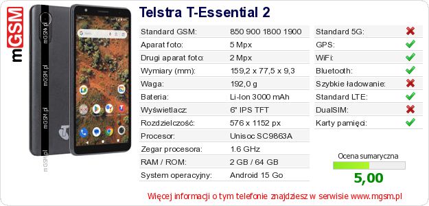 Dane telefonu Telstra T-Essential 2 Dane telefonu Telstra T-Essential 2