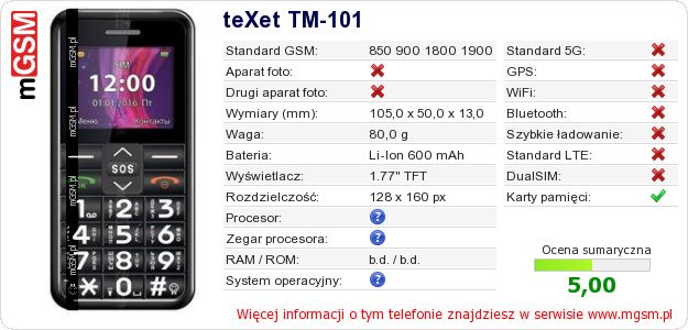 Dane telefonu teXet TM-101 Dane telefonu teXet TM-101